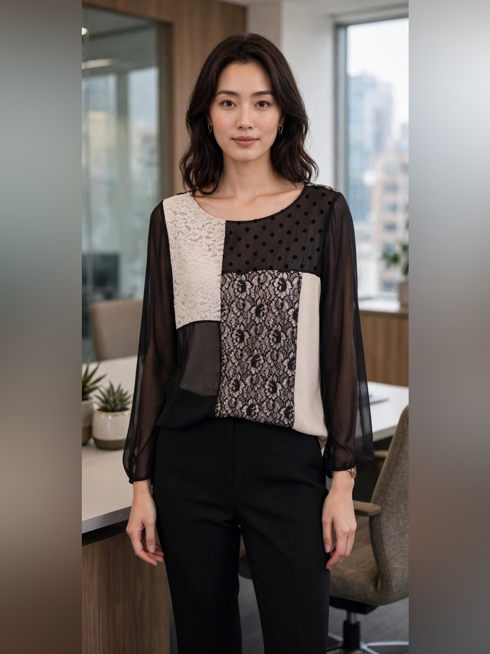 Style & Co. Black and Cream Patchwork Lace & Chiffon Blouse